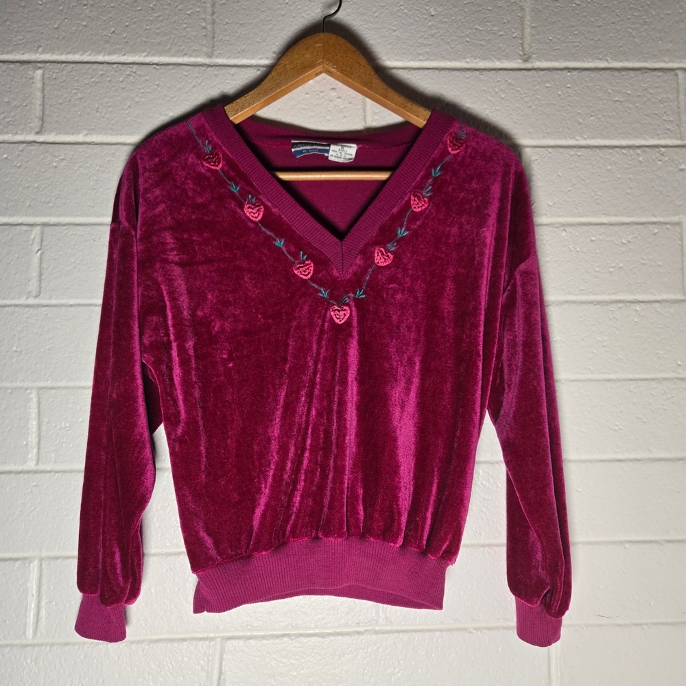 Vtg Embroidered Strawberry Womens Sweatshirt Velour Magenta Pink XL Bohemian 80s